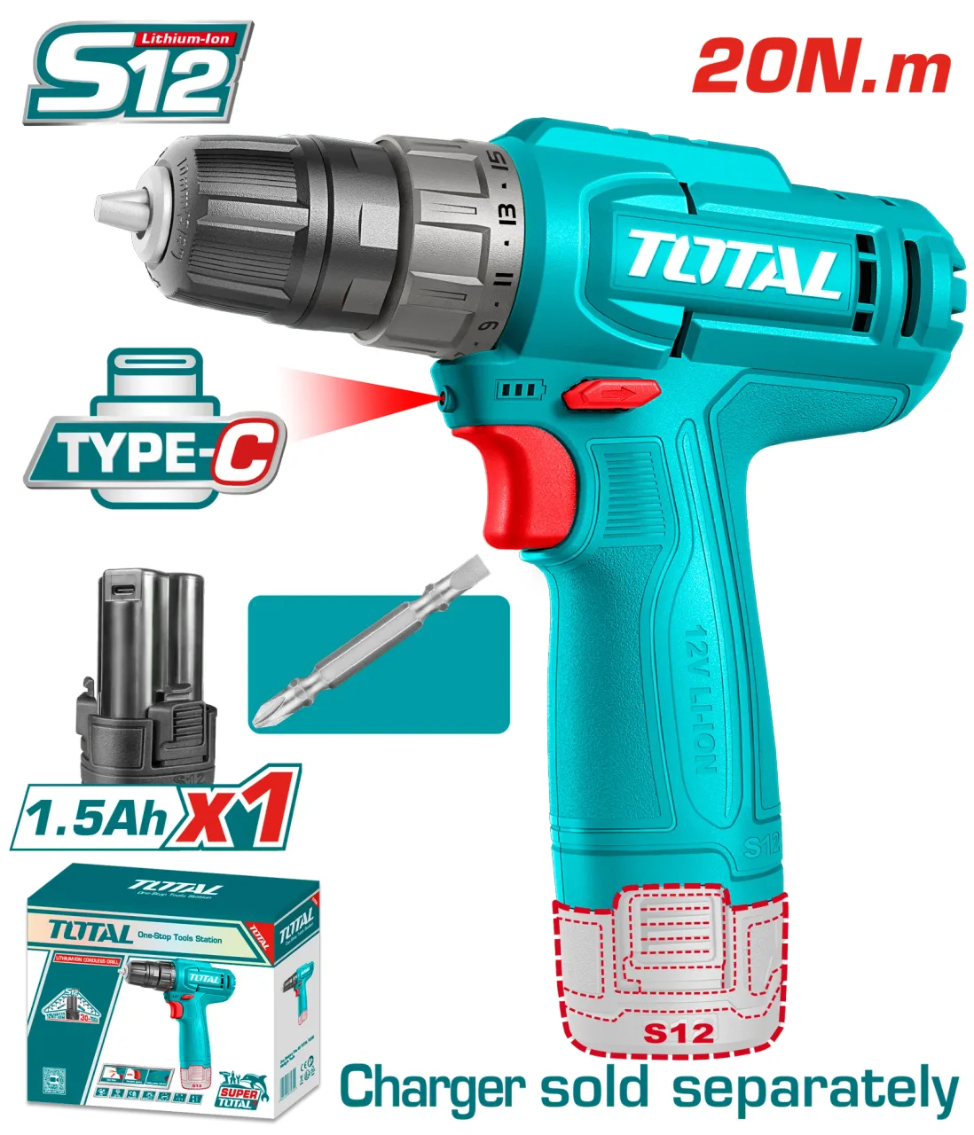 Drili ya TOTAL isiyo na waya 12V TDLI12456