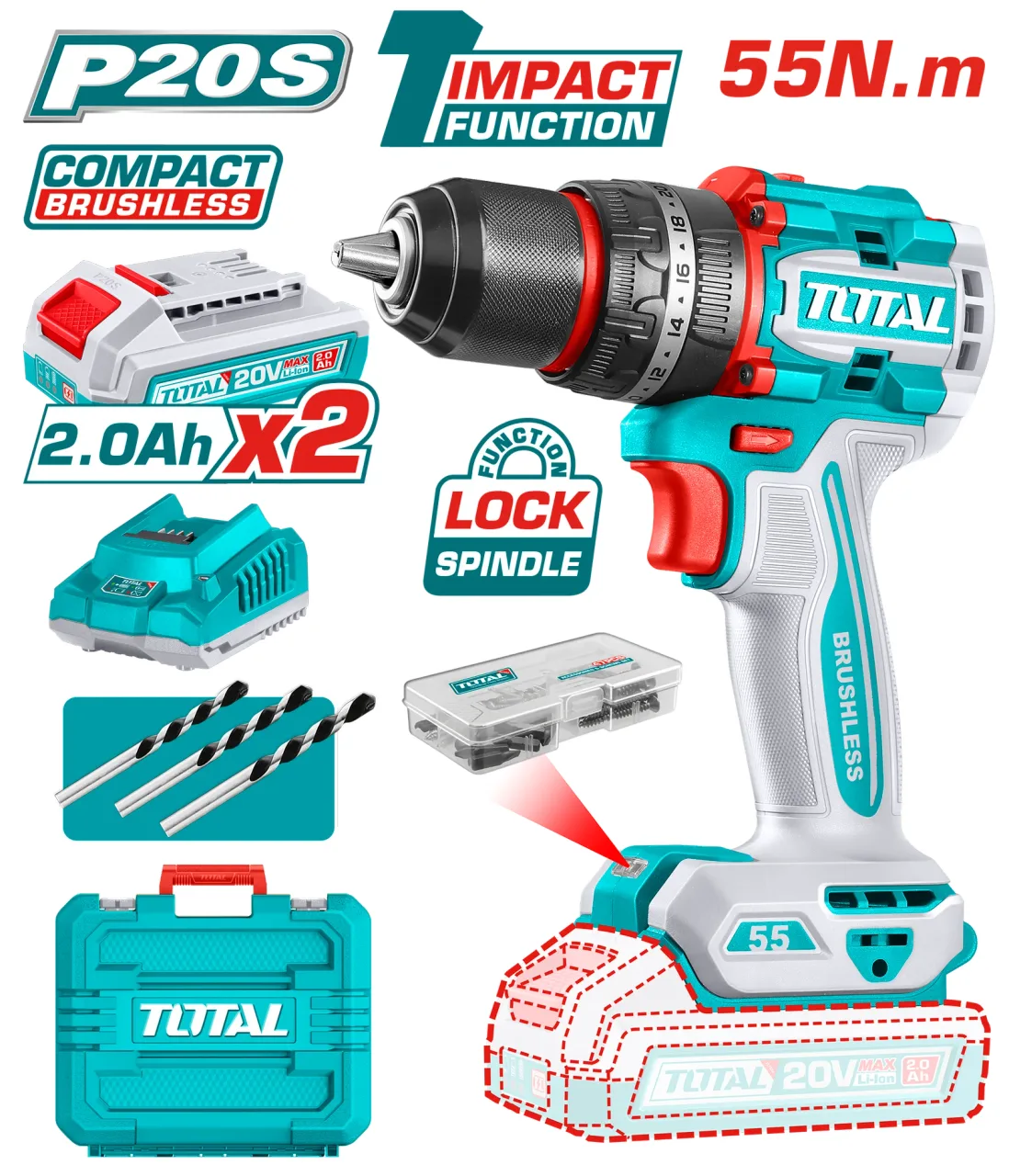 Drili ya nyundo ya TOTAL isiyo na waya 20V TIDLI20558