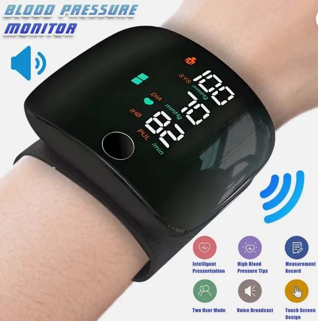 Rechargeable digital wrist blood pressure monitor with voice readout