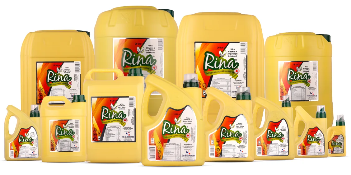 Rina triple-refined vegetable oil (palm), bottles and jerrycans