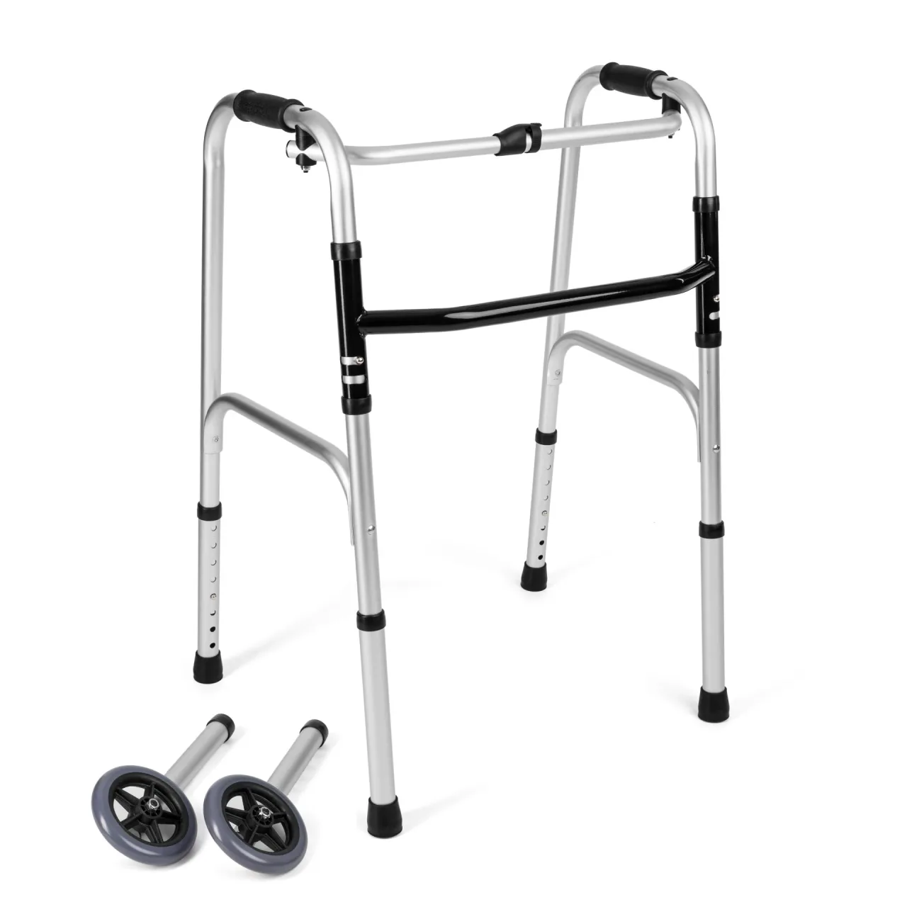 Folding walking frame with front wheels