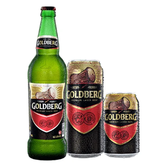 Goldberg premium lager beer, bottles and cans