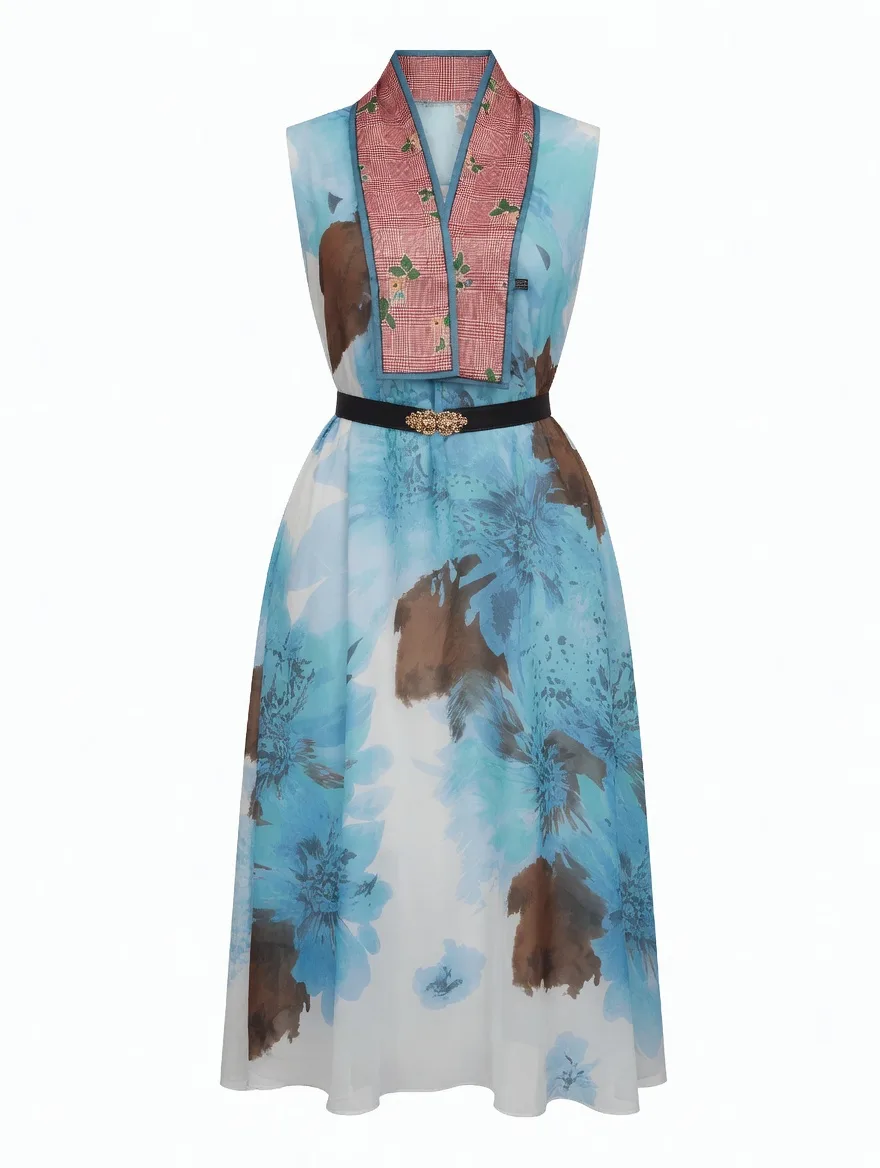Azure Bloom Sleeveless Midi Dress