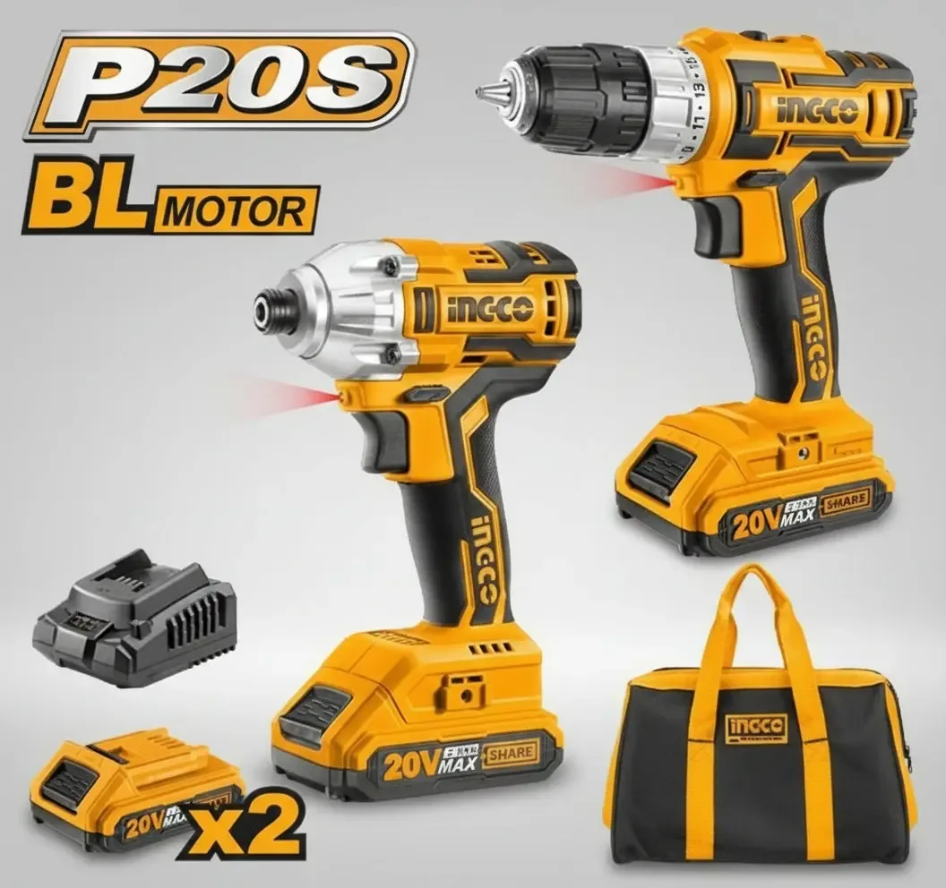 INGCO P20S 20 V brushless combo kit, drill and impact driver