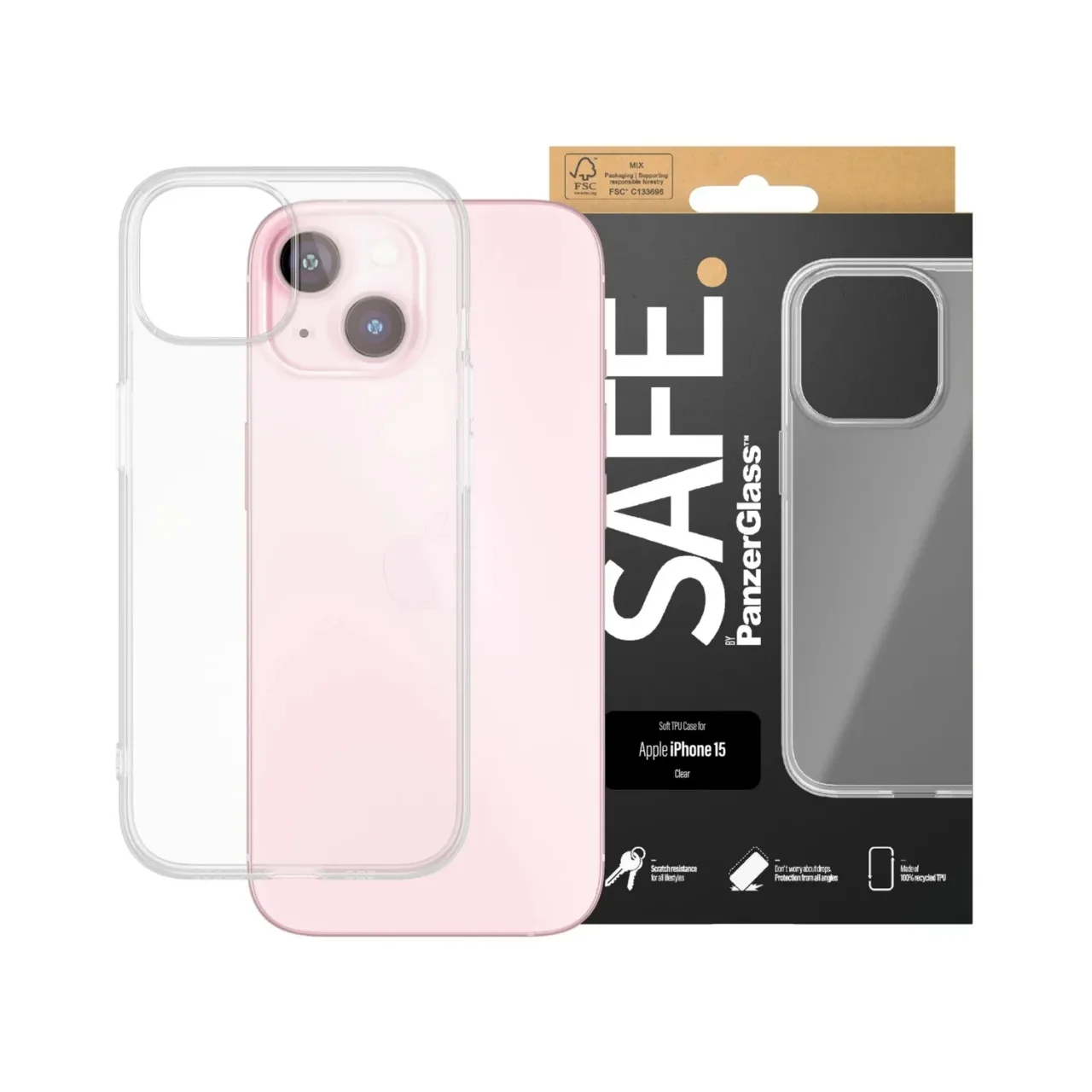 SAFE. by PanzerGlass clear TPU case for iPhone 15