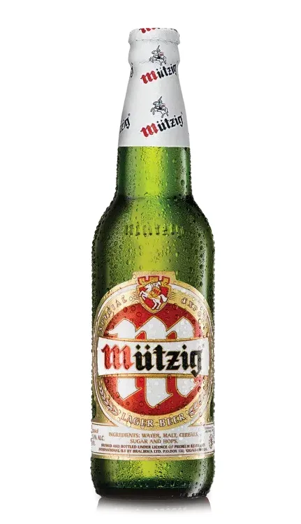 Mützig lager beer, 33, 50 and 65 cl bottles and draught