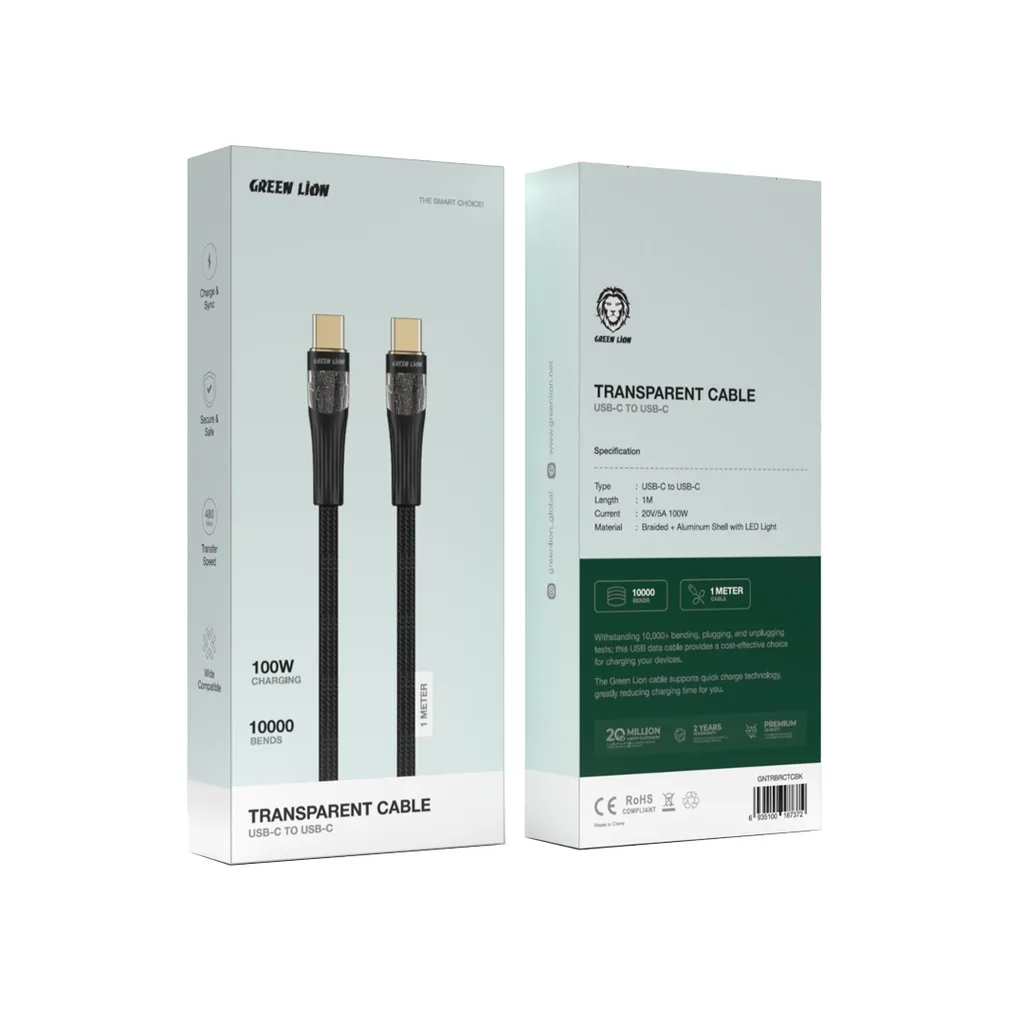 Green Lion transparent USB-C to USB-C cable, black