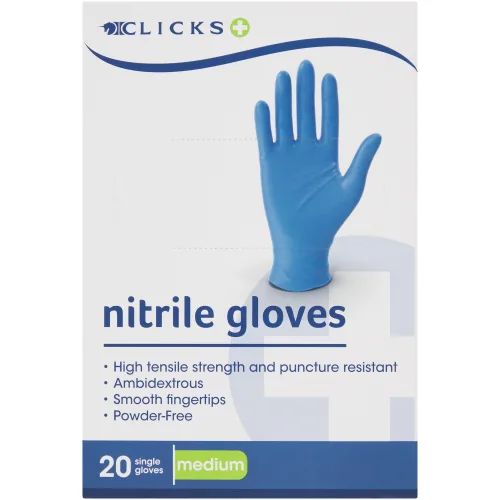 Clicks nitrile examination gloves, powder-free, medium, 20 pack