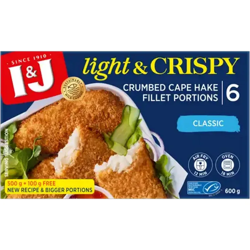 I&J Light and Crispy crumbed hake portions 600 g