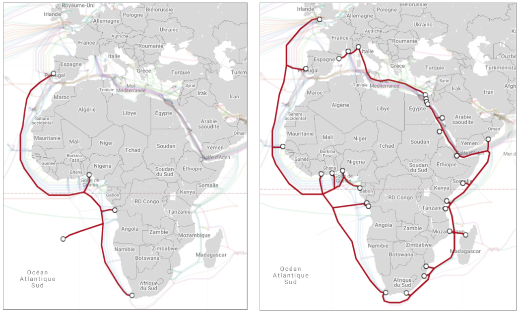 Câbles Equiano (Google) et 2Africa (Facebook) en cours de déploiement autour du continent africain.