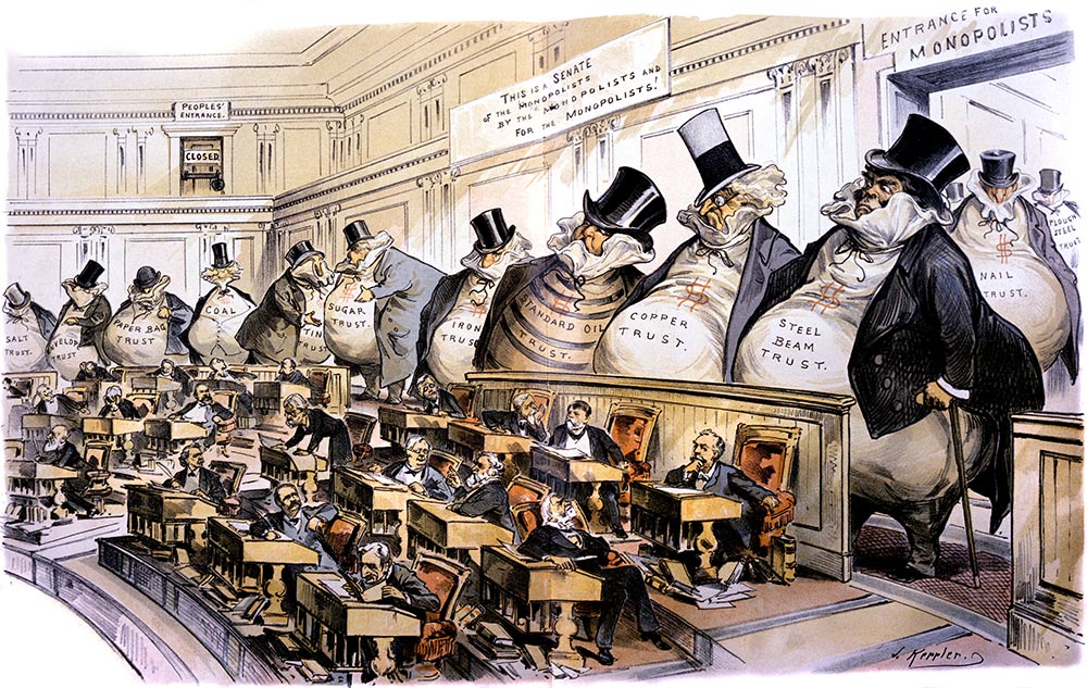 Figure 1. The Bosses of the Senate, caricature satirique de Joseph Ferdinand Keppler. Publié dans la revue Puck le 23 janvier 1889. Dans ce dessin, une porte de la tribune, "l'entrée du peuple", est verrouillée («closed»). Les représentants des monopoles ont des privilèges de parole, opérant sous la devise : « C'est le Sénat des monopolistes par les monopolistes et pour les monopolistes ! ». Cette vision populaire, véhiculée par la presse satirique, a contribué à l’adoption du Sherman Act en 1890.