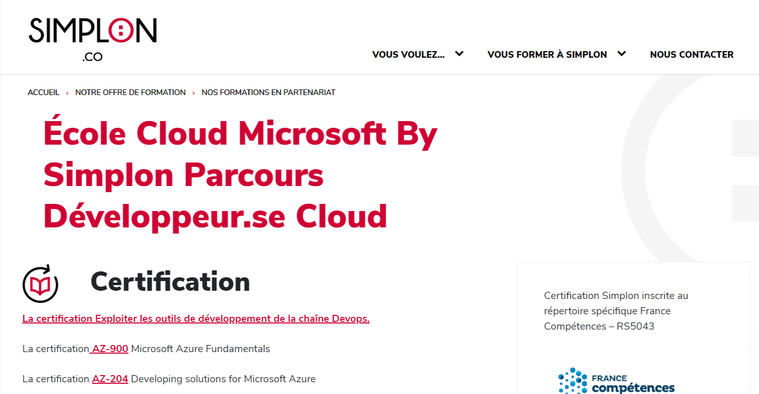 Figure 3. Formation Simplon basée sur les certifications de Microsoft Azure