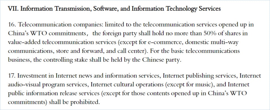Figure 5. Extrait des points 16 et 17 de la liste « Special Administrative Measures for Foreign Investment Access (Negative List) (2020 Edition) », 19 avril 2019. Source : Invest in China.