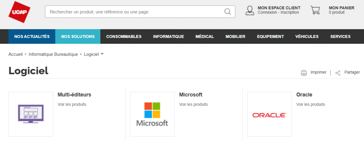 Figure 2. Site de l’Union des groupements d’achat public (UGAP), la page dédiée aux logiciels met en avant Microsoft et Oracle (10 mai 2021).
