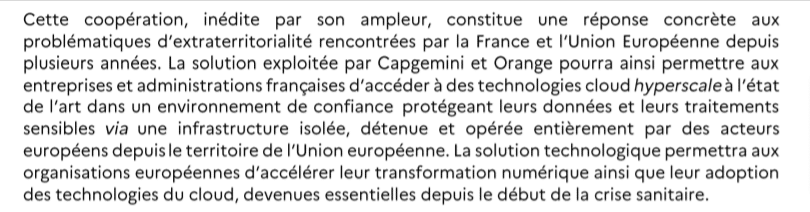Figure 8. Extrait du communiqué du ministère de l’Économie et des Finances « Bruno Le Maire et Cédric O saluent un partenariat majeur s’inscrivant dans la stratégie nationale pour le cloud de confiance », 27 mai 2021.