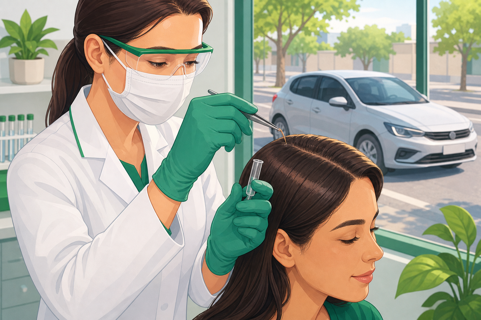 Técnico de laboratório coletando amostra de cabelo para exame toxicológico obrigatório na primeira CNH categorias A e B