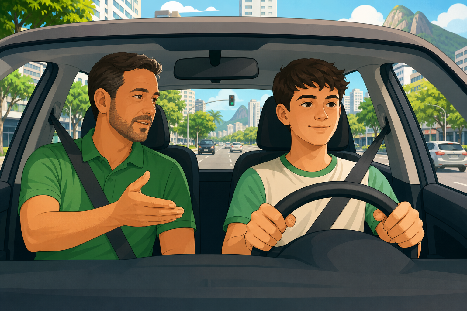 Jovem de 16 anos ao volante de um carro com supervisor adulto no banco do passageiro, representando a proposta de CNH para menores de idade