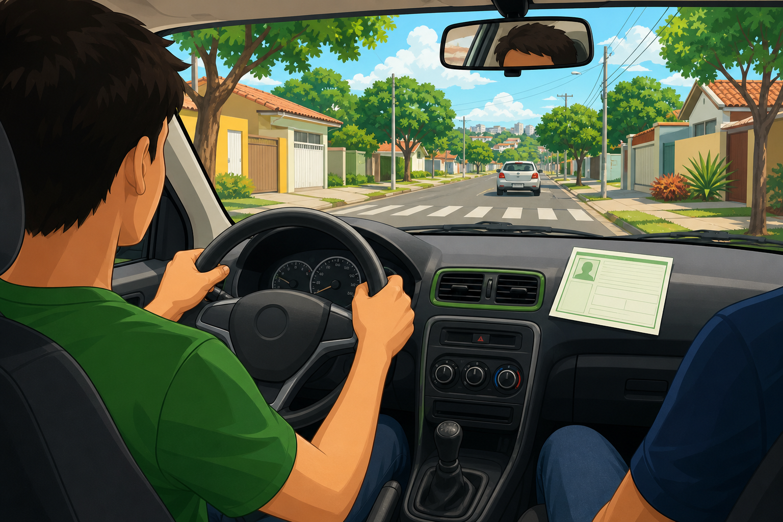 Jovem motorista segurando o volante durante aula prática de direção com documento de permissão para dirigir visível no painel