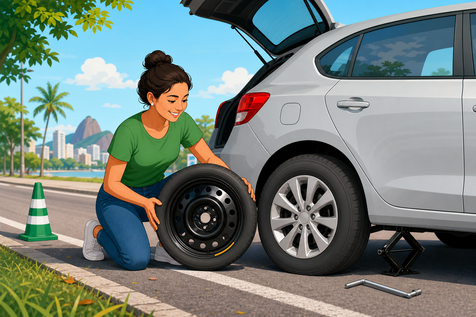 Motorista ao lado de um carro com pneu furado segurando um estepe fino temporário comparado ao pneu original.