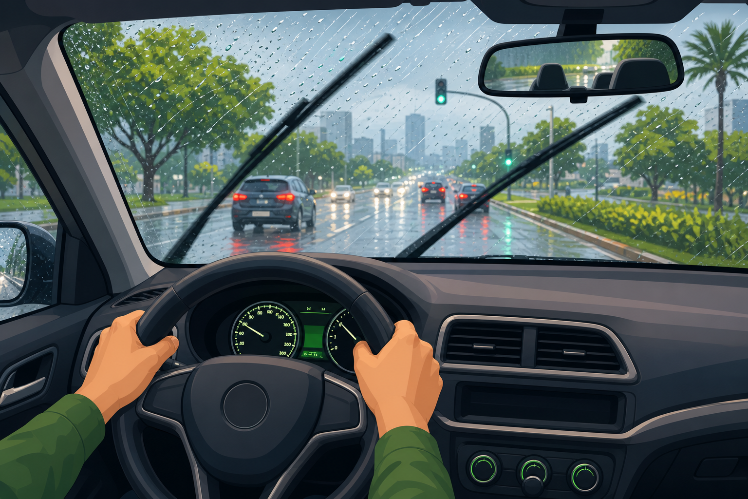 Mãos no volante com chuva intensa no para-brisa e limpadores em movimento, representando como dirigir na chuva com segurança