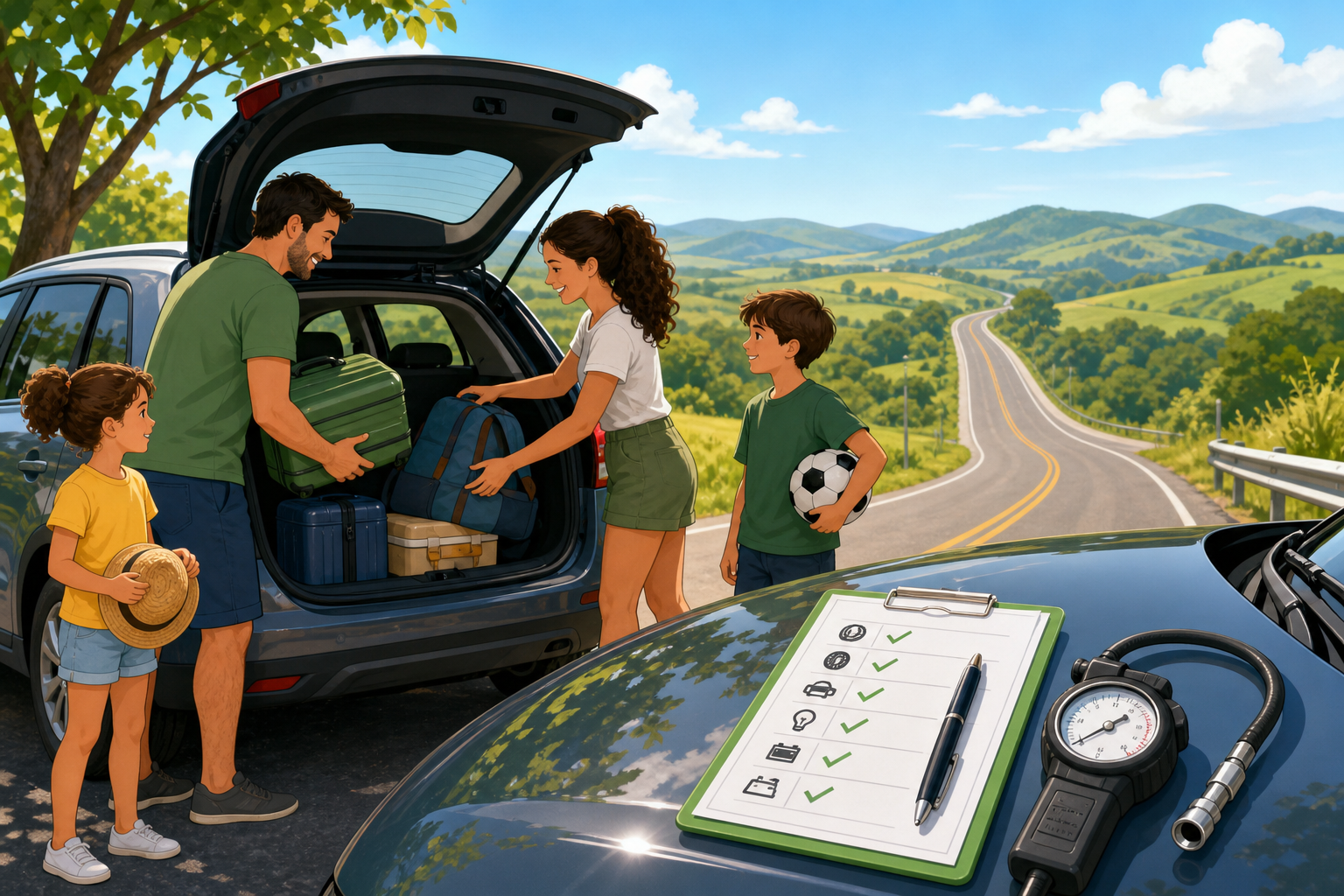 Família carregando malas no porta-malas do carro antes de viajar de férias, com uma rodovia aberta ao fundo e checklist de revisão sobre o capô do veículo