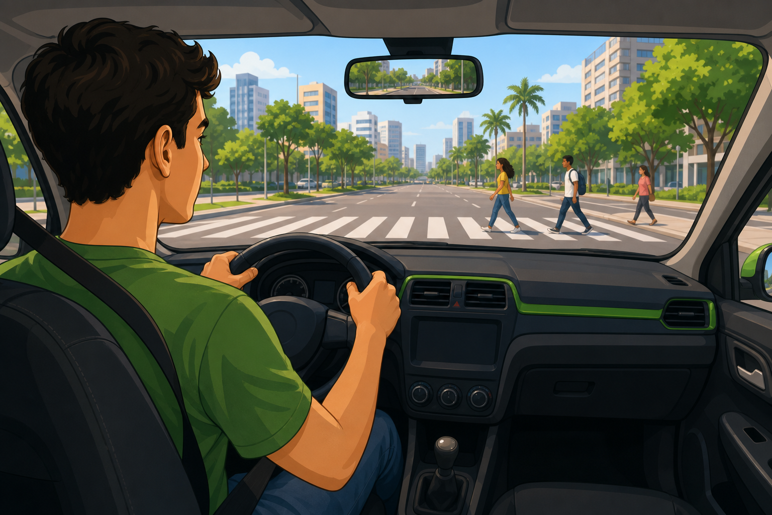 Condutor atento ao volante com cinto de segurança, praticando atitudes seguras no trânsito em via urbana
