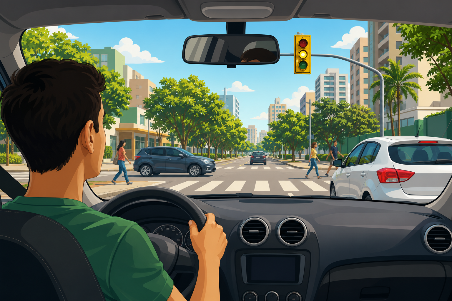 Motorista ao volante diante de semáforo com luz amarela em cruzamento urbano, ilustrando mitos e mentiras sobre o trânsito
