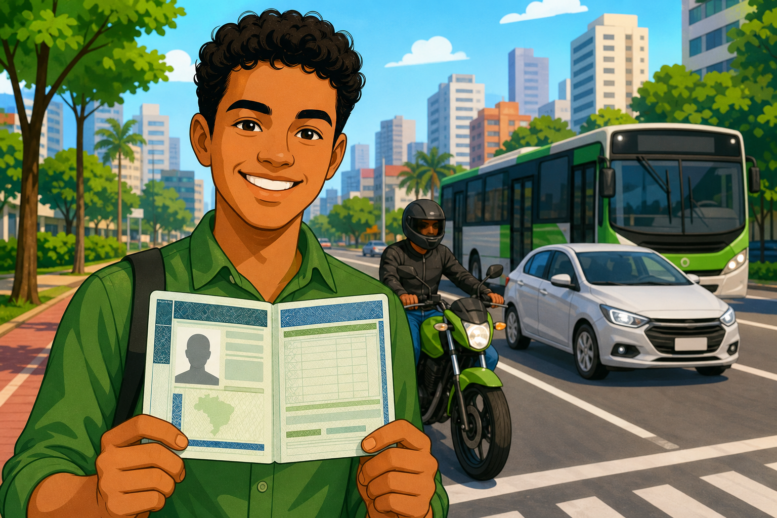 Profissional segurando uma CNH aberta com motocicleta, carro e ônibus ao fundo, representando as categorias de habilitação e profissões