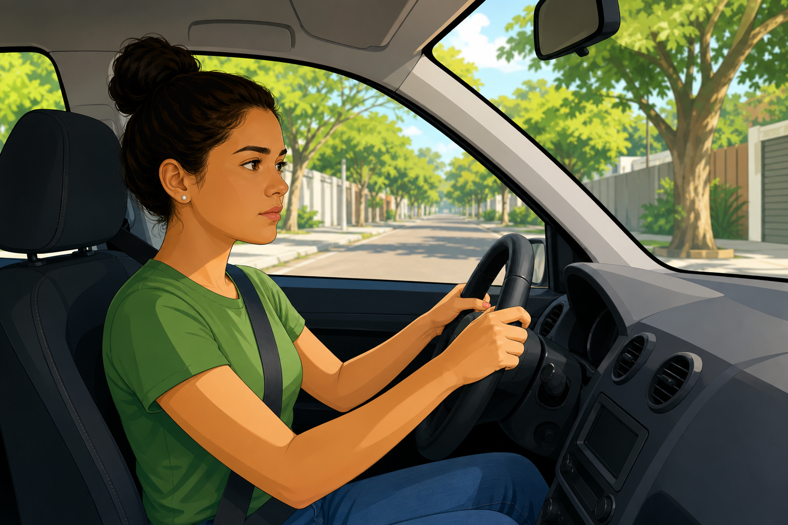 Pessoa sentada no banco do motorista com as mãos no volante, demonstrando medo de dirigir em um carro parado