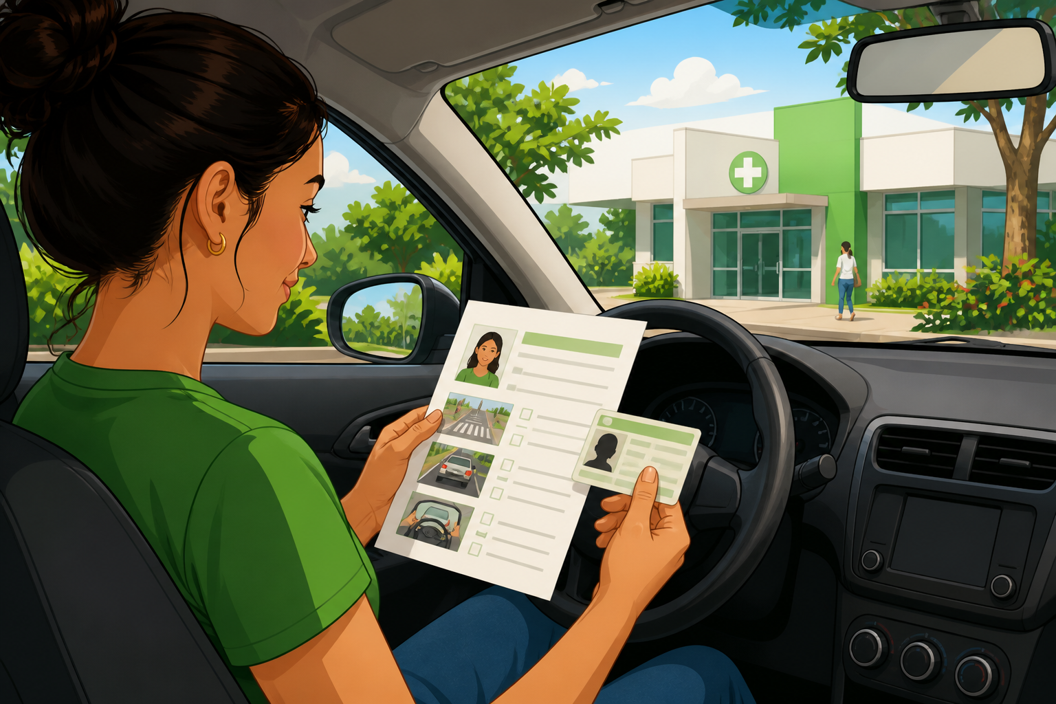 Candidato a CNH sentado no carro analisando documentos de exame médico para habilitação no Paraná