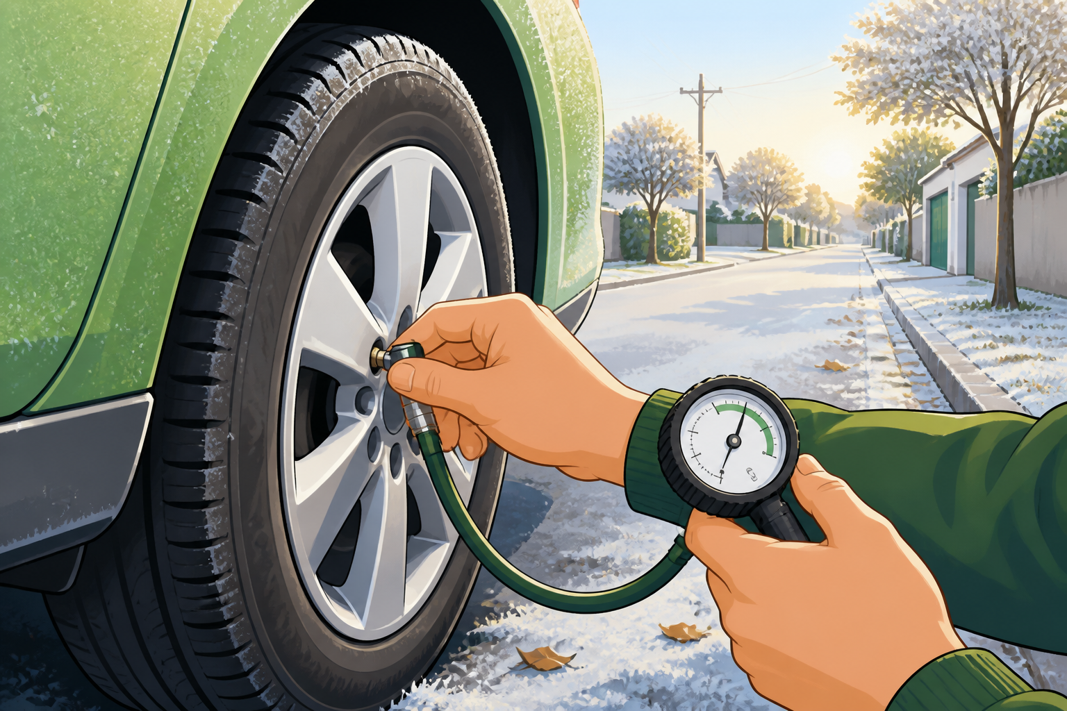 Motorista verificando a calibragem do pneu com manômetro em manhã fria de inverno