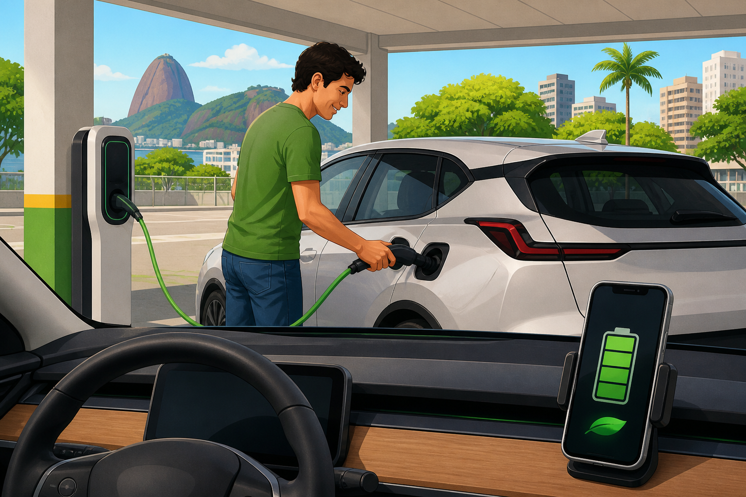 Pessoa conectando cabo de carregamento em carro elétrico em estacionamento coberto, com indicador de bateria visível no painel