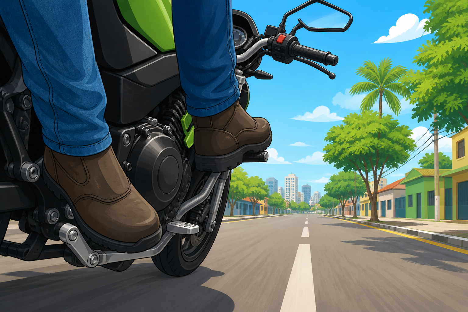 Pés de motociclista usando botas fechadas posicionados nos comandos da motocicleta, com a estrada ao fundo — representando o uso correto de calçado na moto