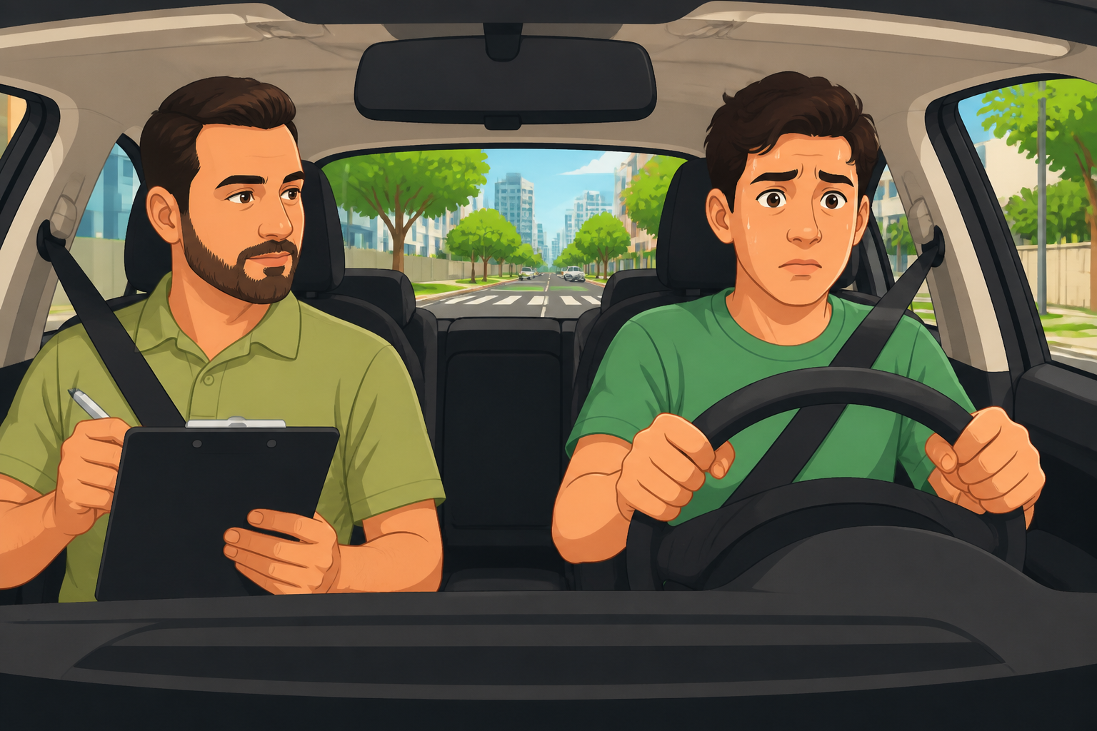 Candidato realizando o exame prático da CNH ao volante de um carro, com examinador ao lado anotando na prancheta durante a avaliação em via urbana