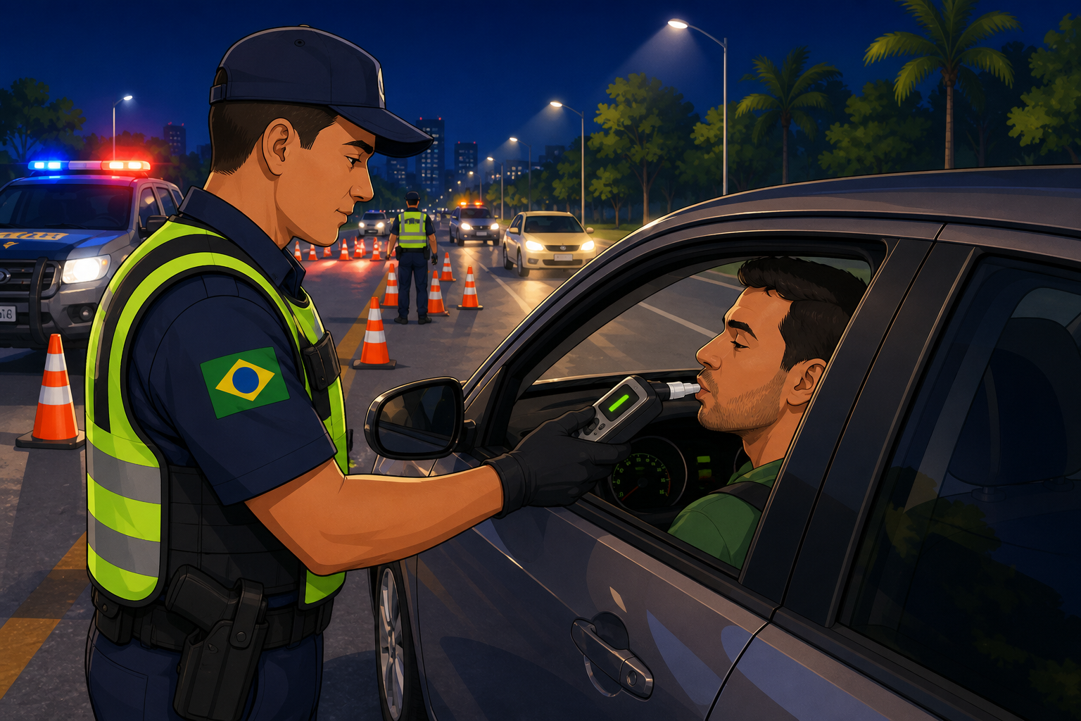 Agente de trânsito aplicando teste de bafômetro em motorista durante fiscalização da Lei Seca à noite