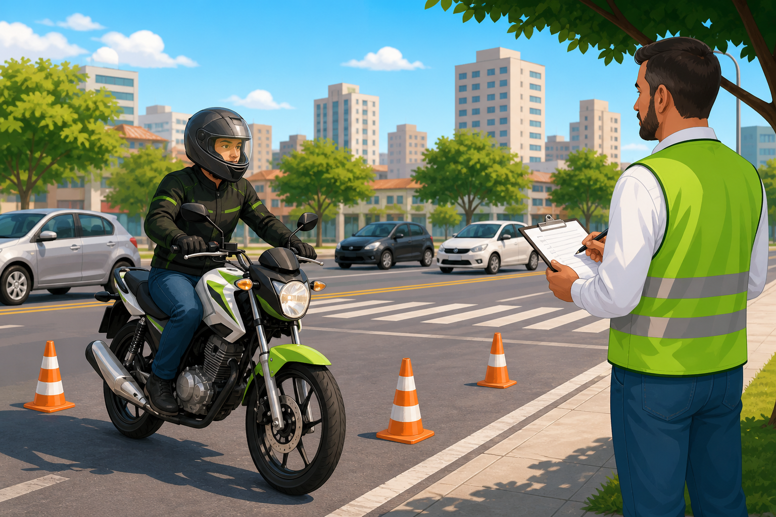 Candidato de capacete e equipamentos de proteção realizando exame prático de CNH de moto em via urbana, com examinador observando ao fundo