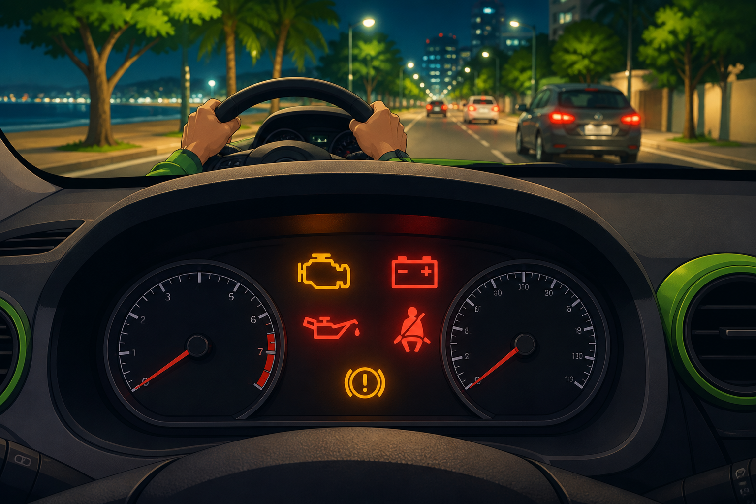 Painel de carro com luzes de aviso acesas em vermelho e amarelo, incluindo ícones de motor, bateria e óleo, com as mãos do motorista no volante ao fundo