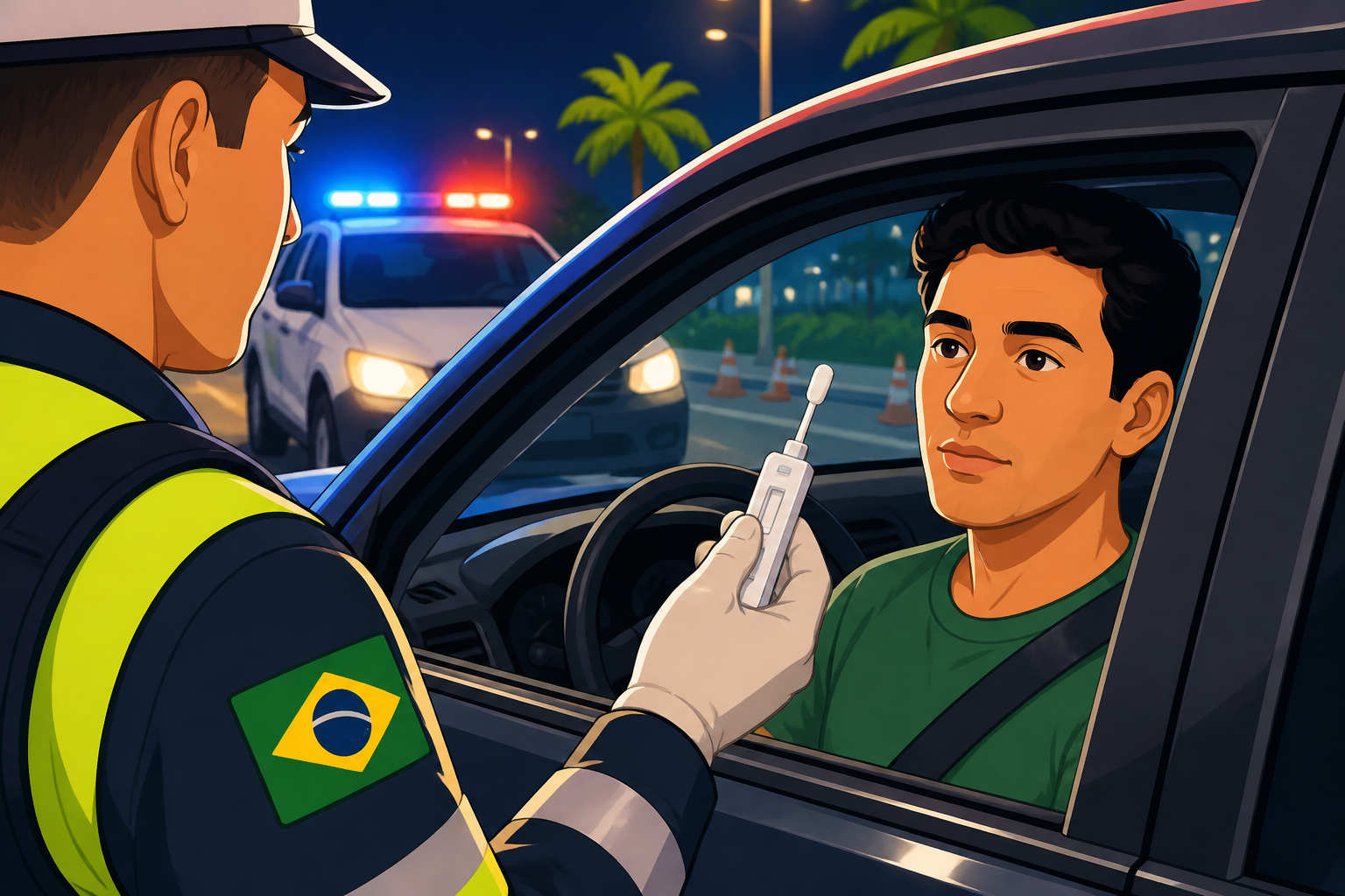 Agente de trânsito aplicando teste de drogômetro por saliva em motorista durante blitz da nova lei seca
