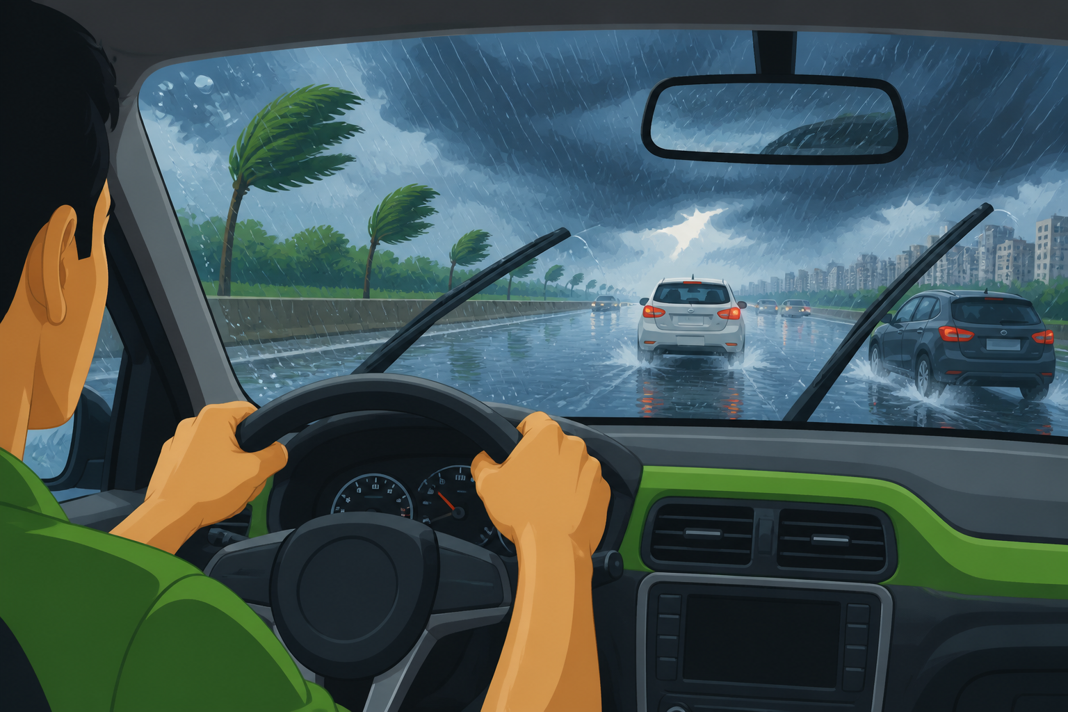 Motorista segurando o volante com firmeza dentro do carro durante tempestade severa, chuva intensa no para-brisa e água acumulada na estrada