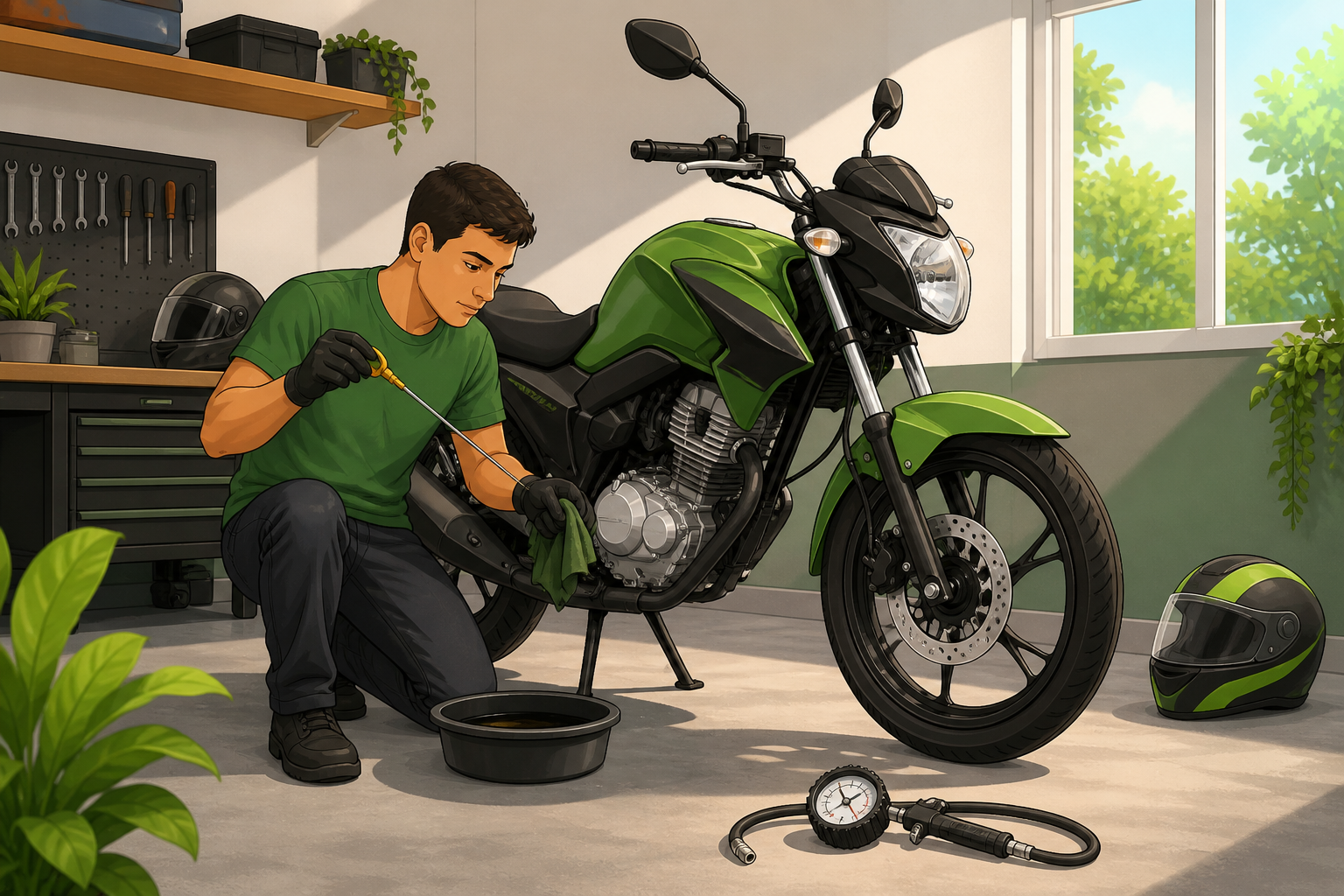 Mecânico verificando o nível de óleo de uma motocicleta parada em garagem, com manômetro de pneu ao lado — manutenção de moto sem uso