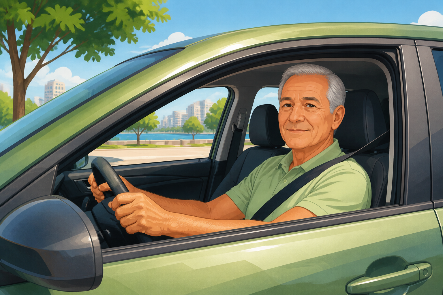 Motorista idoso ao volante do carro — CNH de idosos e exigências para renovação após os 70 anos