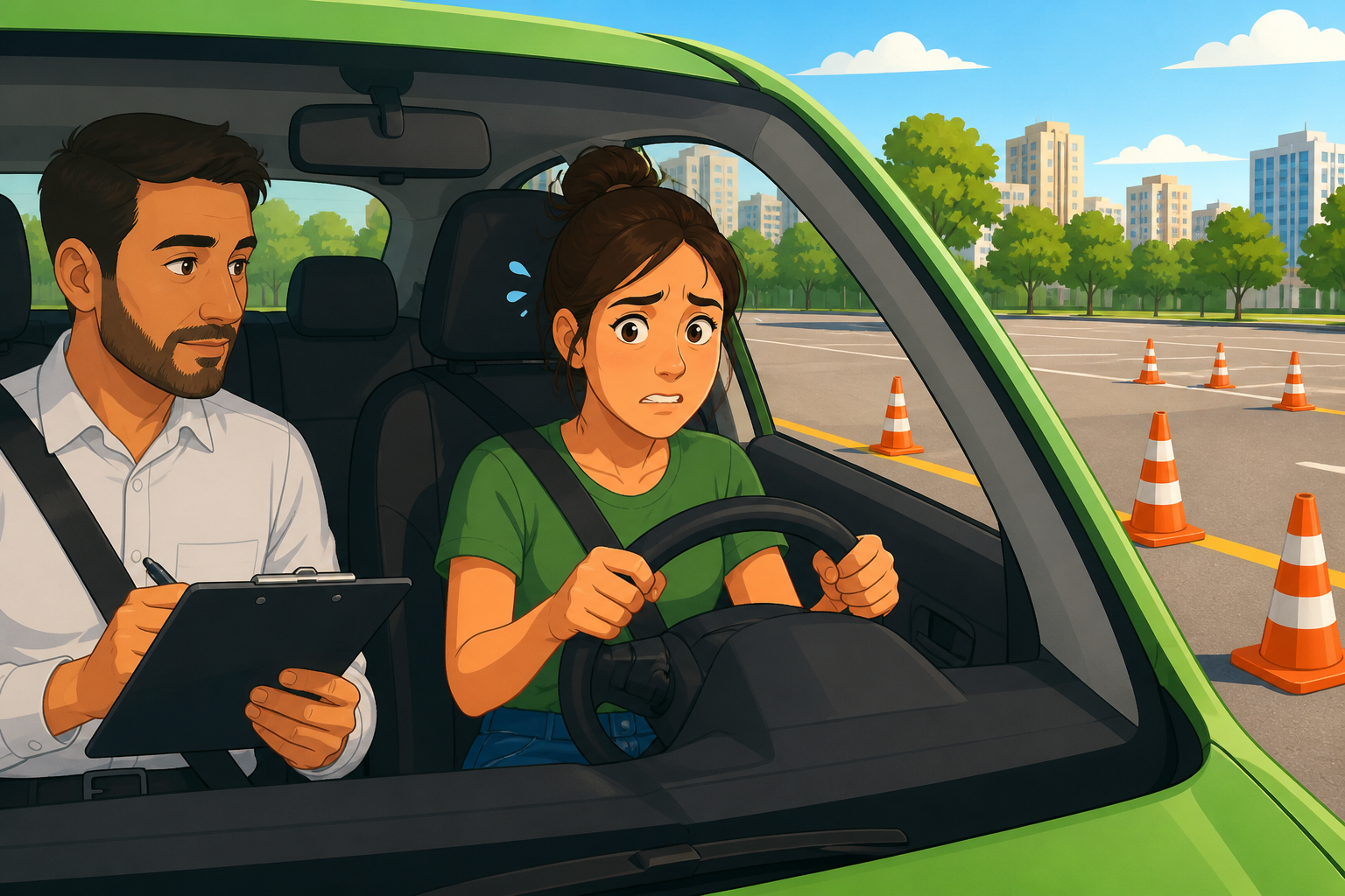 Candidato à CNH sentado ao volante durante a prova prática do Detran, com examinador ao lado segurando prancheta e cones de baliza visíveis ao fundo