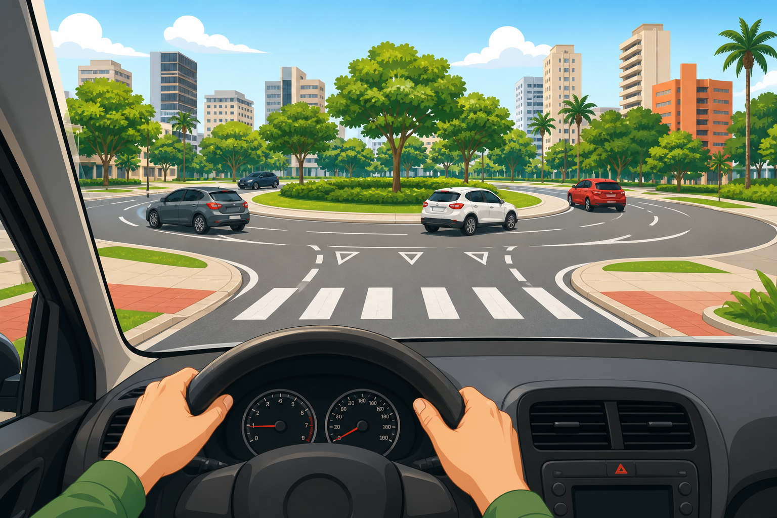 Mãos no volante de um carro se aproximando de uma rotatória com múltiplas faixas e veículos circulando