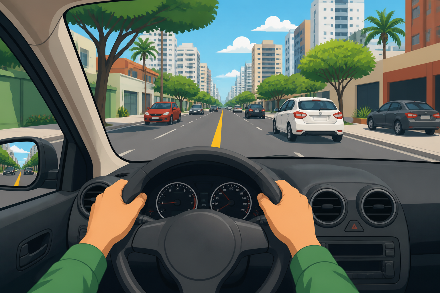 Motorista ao volante em rua urbana com faixa amarela contínua no centro da pista à frente