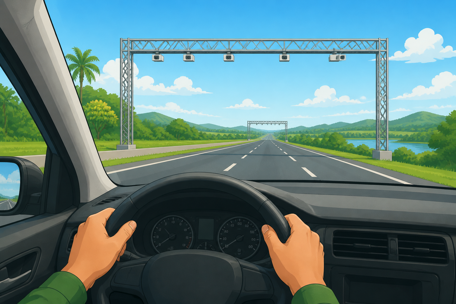 Motorista ao volante em rodovia federal brasileira com dois pórticos de monitoramento eletrônico visíveis à frente, representando o sistema de radar de velocidade média por trecho