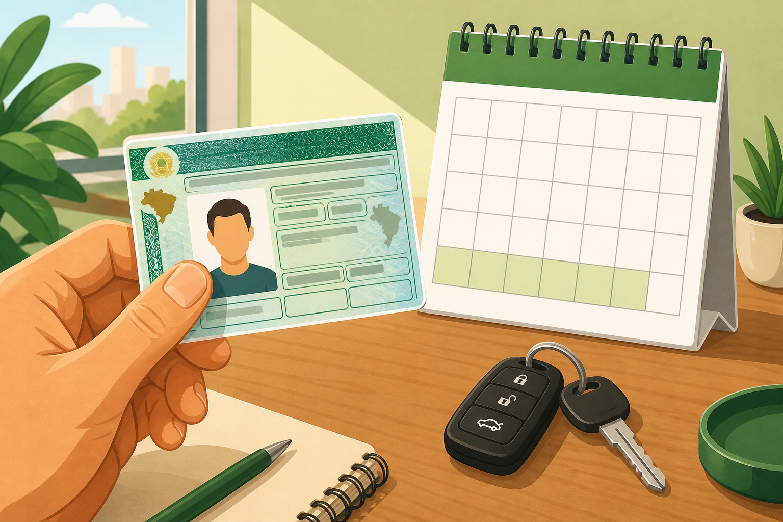 Mão segurando uma CNH brasileira com calendário ao fundo mostrando o mês de dezembro e chaves de carro sobre a mesa — prorrogação da CNH vencida em 2026