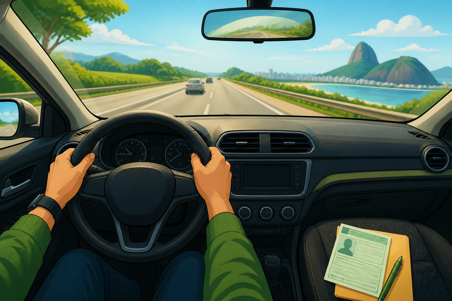 Mãos no volante em rodovia brasileira com cédula de votação sobre o banco do passageiro, representando eleições 2026 e promessas sobre trânsito