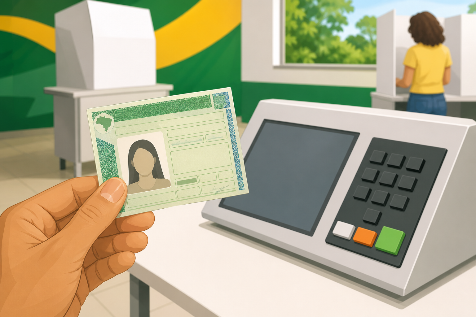 Mão segurando uma CNH diante de uma urna eletrônica em seção eleitoral brasileira