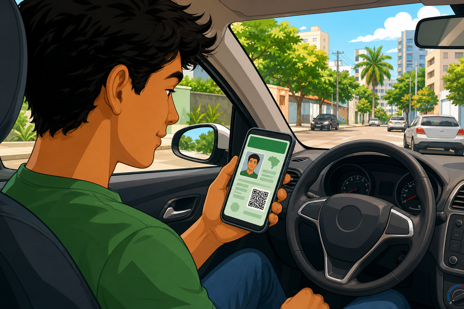 Candidato à CNH visualizando a Licença de Aprendizagem digital no celular dentro de um carro