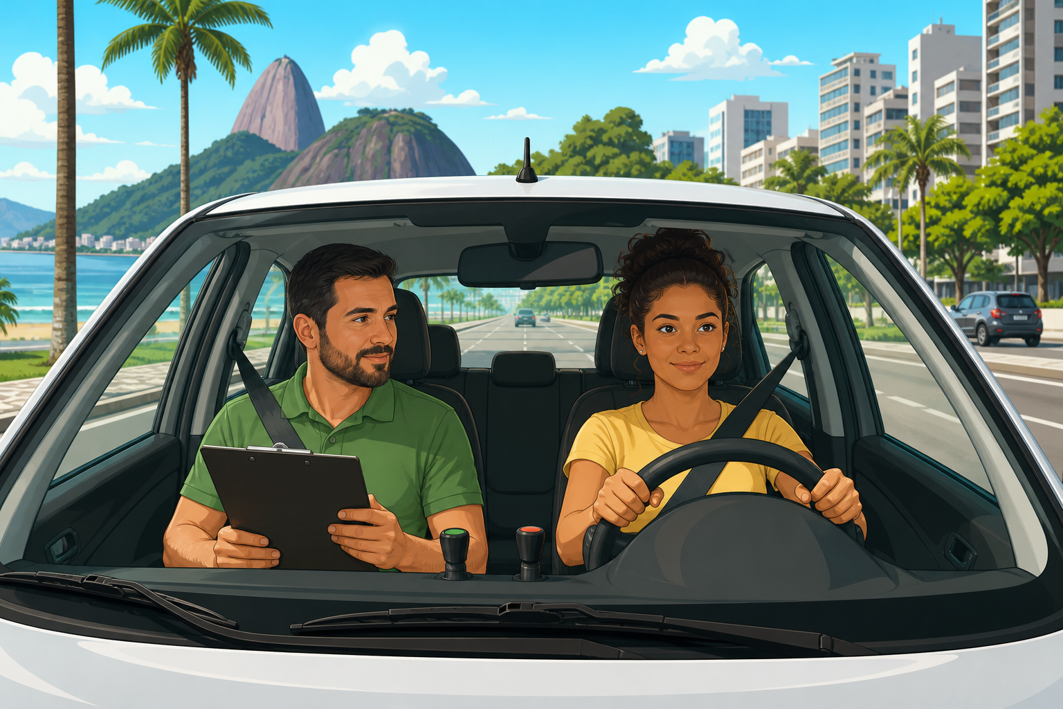 Aluno ao volante com instrutor autônomo de trânsito ao lado em carro com duplo comando, representando aulas práticas de habilitação